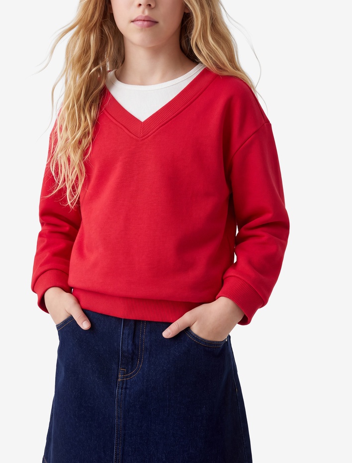 Kız Çocuk Katmanlı V Yaka Uzun Kollu Pamuklu Şardonlu Sweatshirt