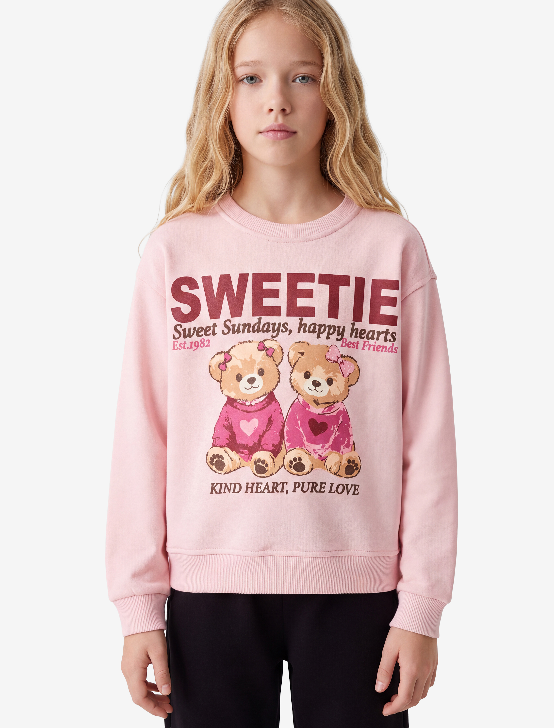  Kız Çocuk Ayıcık Baskılı Uzun Kollu Bisiklet Yaka Sweatshirt