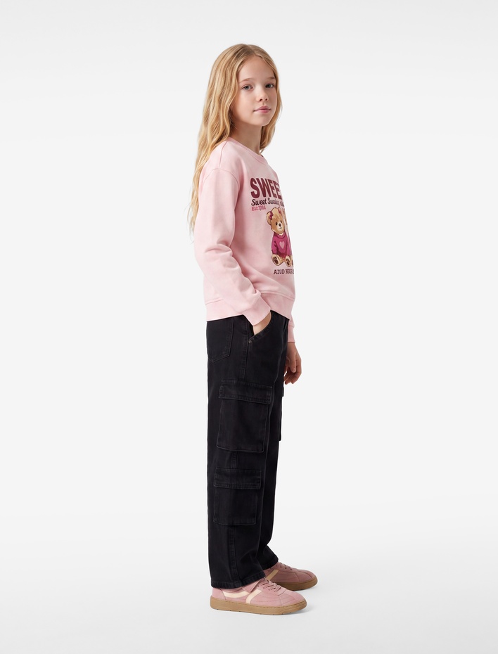 Kız Çocuk Ayıcık Baskılı Uzun Kollu Bisiklet Yaka Sweatshirt