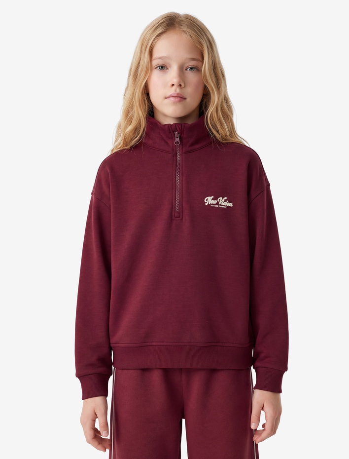 Kız Çocuk Baskılı Viskon Karışımlı Uzun Kollu Fermuarlı Yaka Okul Sweatshirt