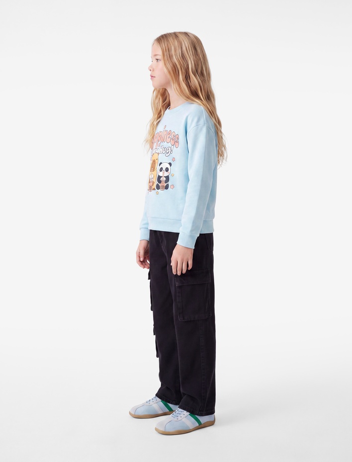 Kız Çocuk Uzun Kollu Bisiklet Yaka Şardonlu Baskılı Sweatshirt