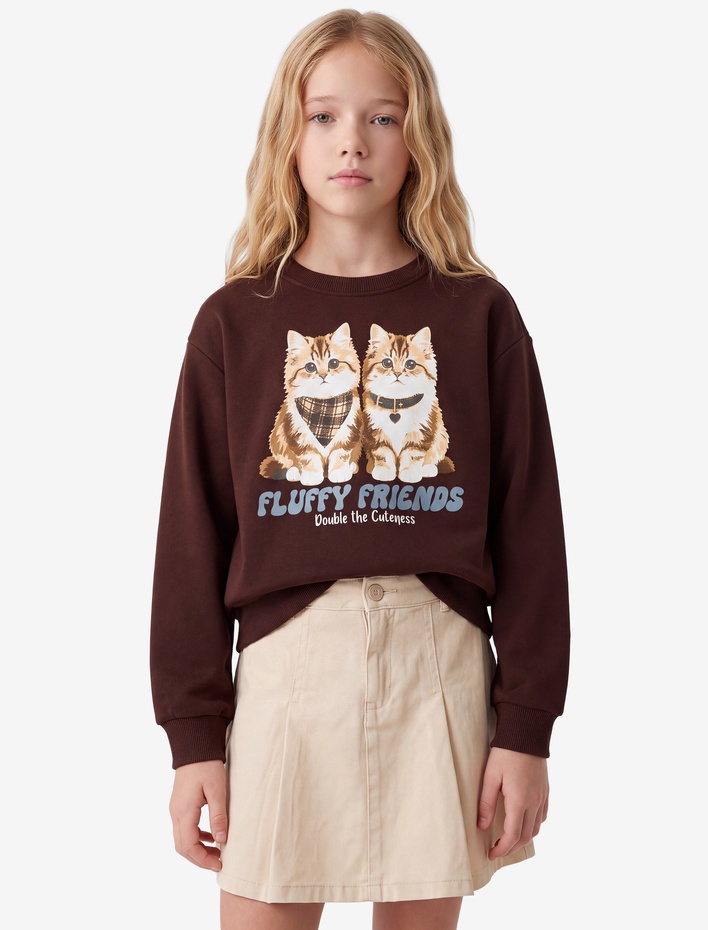 Kız Çocuk Uzun Kollu Bisiklet Yaka Şardonlu Kedi Baskılı Sweatshirt