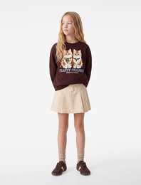 Uzun Kollu Bisiklet Yaka Şardonlu Kedi Baskılı Sweatshirt