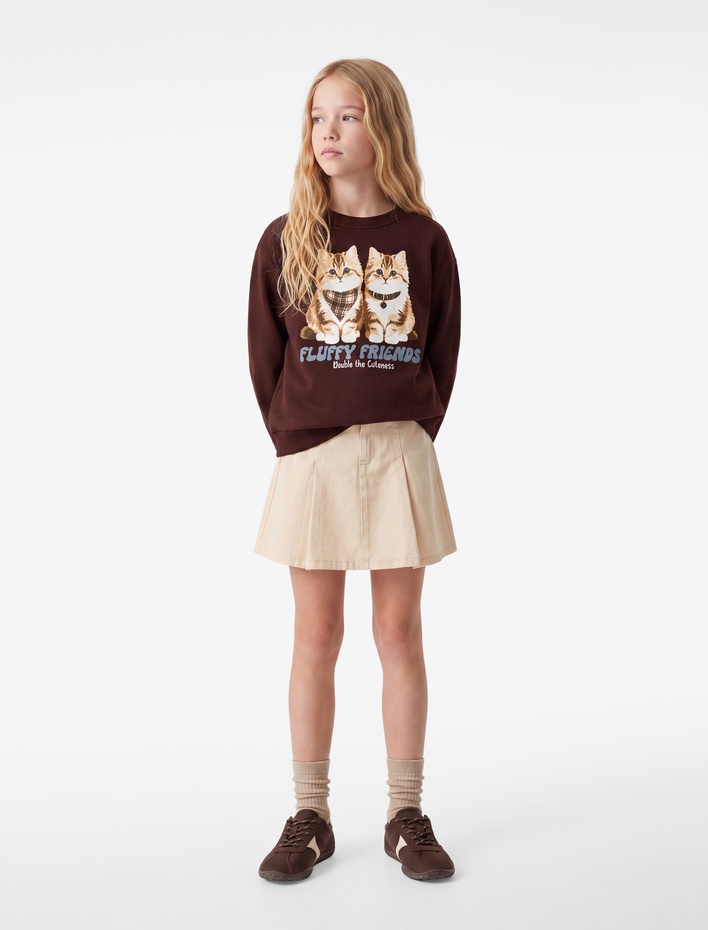 Kız Çocuk Uzun Kollu Bisiklet Yaka Şardonlu Kedi Baskılı Sweatshirt