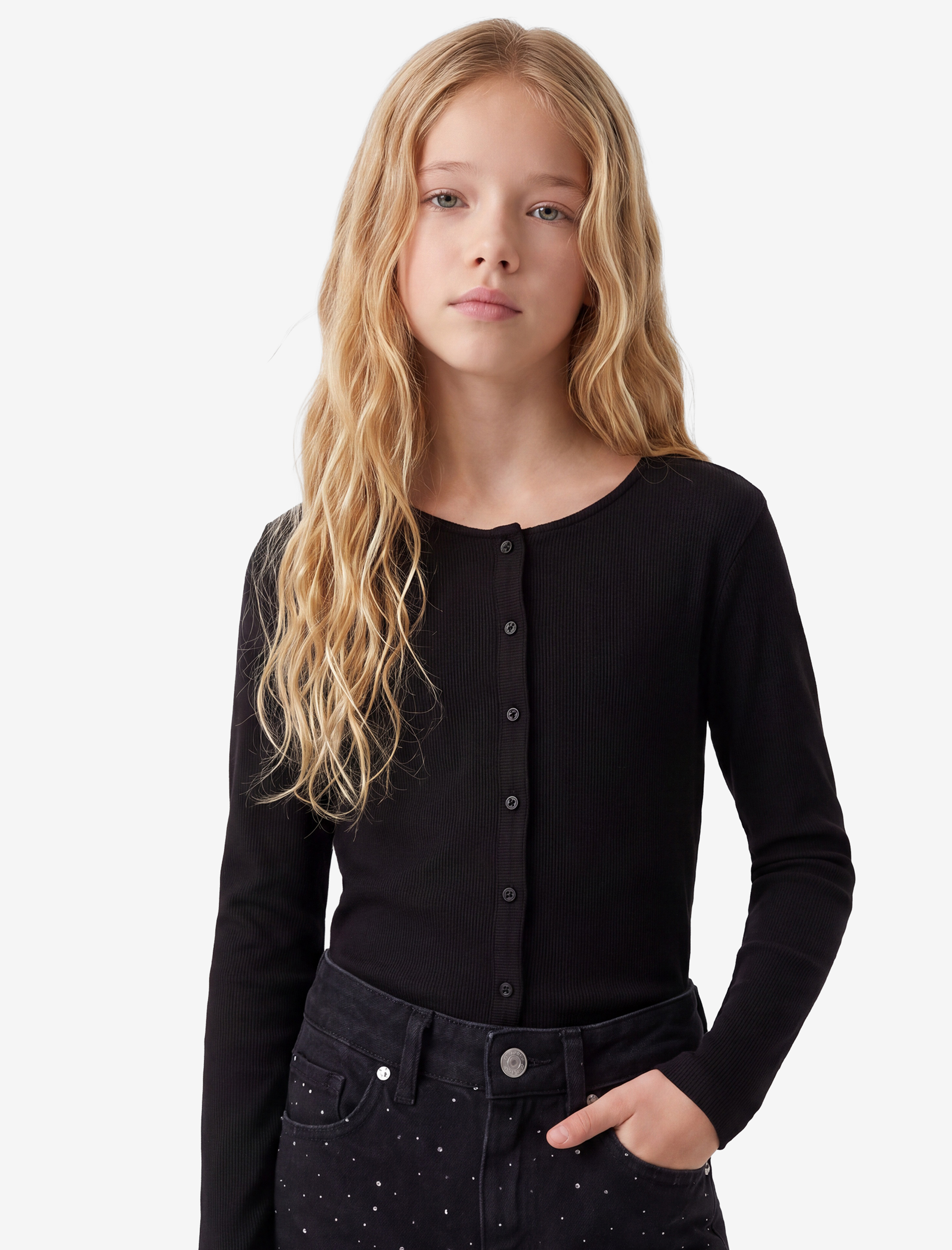  Kız Çocuk Pamuklu Slim Fit Bisiklet Yaka Uzun Kollu Düğmeli Ribanalı Tişört
