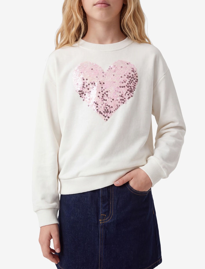 Kız Çocuk Kalp Detaylı Pullu Payetli Bisiklet Yaka Uzun Kollu Sweatshirt