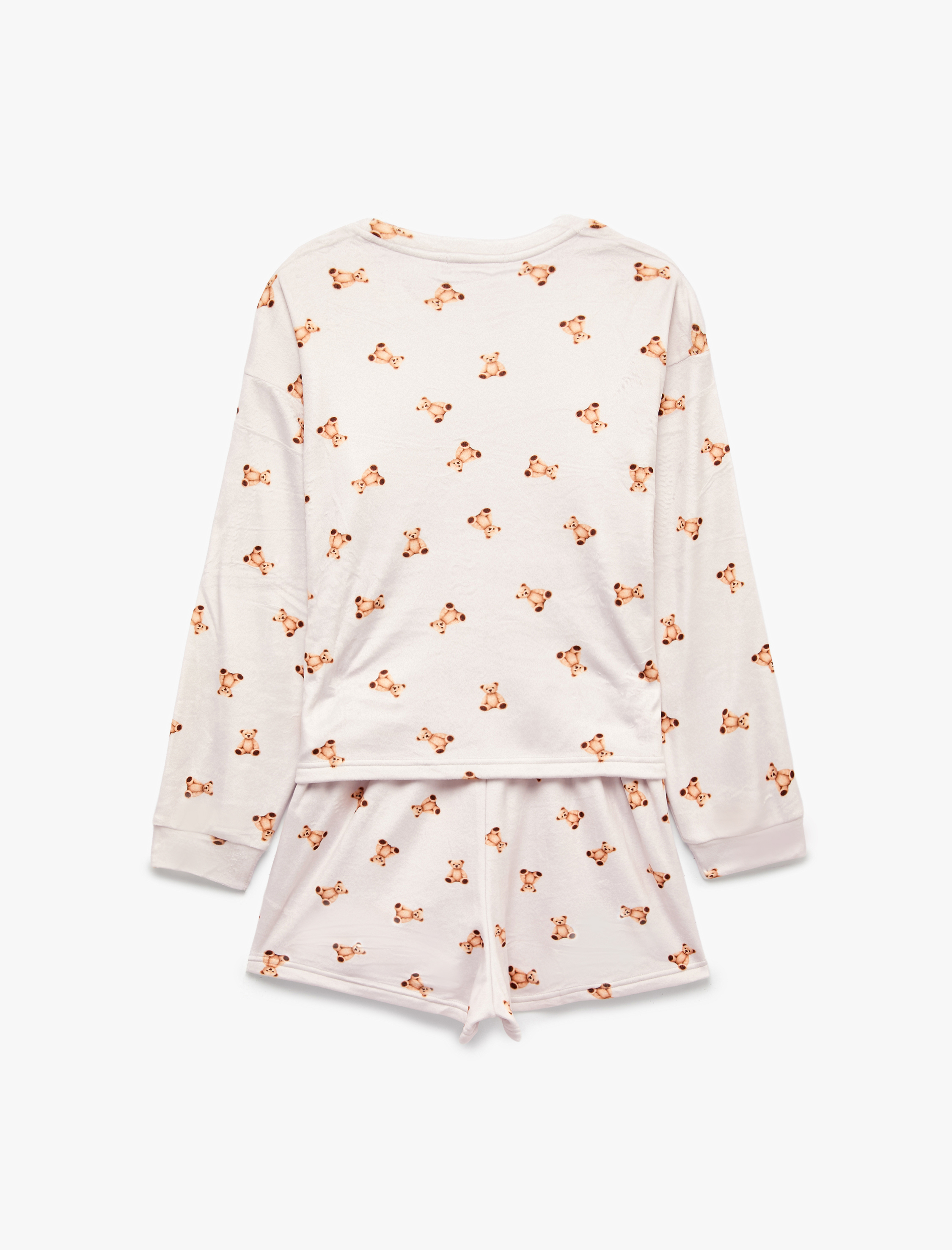   Ayıcık Desenli Rahat Kesim Bisiklet Yaka Uzun Kollu Şortlu Pijama Takımı
