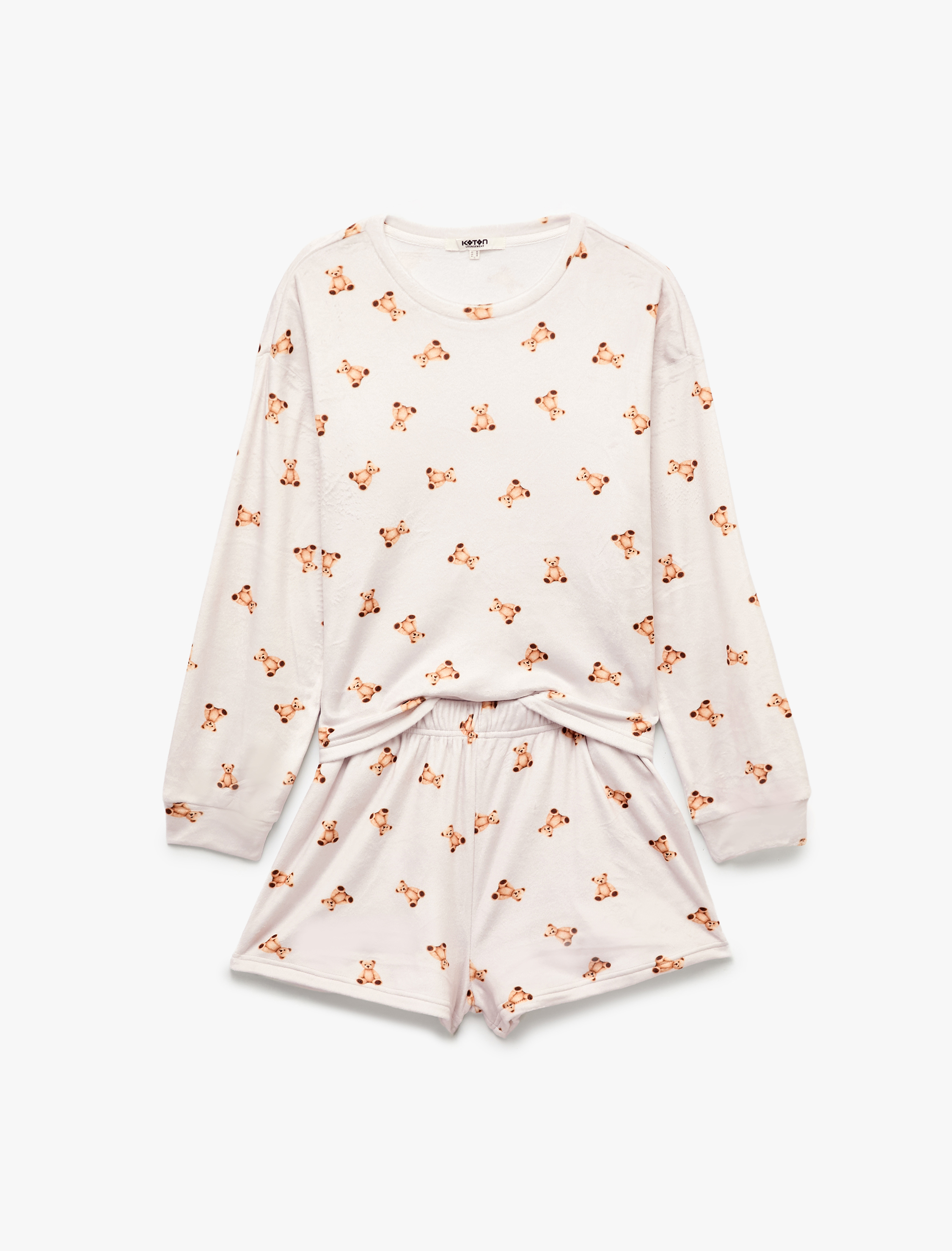   Ayıcık Desenli Rahat Kesim Bisiklet Yaka Uzun Kollu Şortlu Pijama Takımı