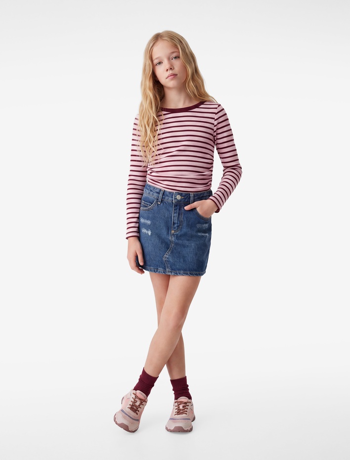 Kız Çocuk Kaşkorse Bisiklet Yaka Slim Fit Uzun Kollu Çizgili Tişört