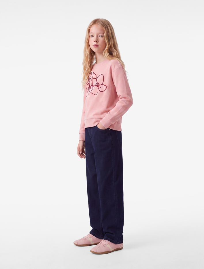 Kız Çocuk Nakışlı Üç İplik Şardonlu Bisiklet Yaka Uzun Kollu Sweatshirt