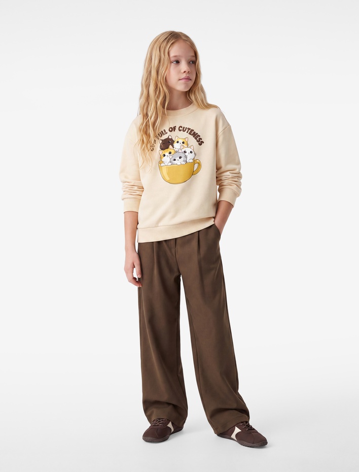Kız Çocuk Kedi Baskılı Uzun Kollu Bisiklet Yaka Şardonlu Sweatshirt