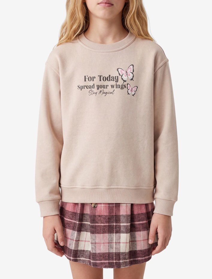 Kız Çocuk Şardonlu Uzun Kollu Bisiklet Yaka Baskılı Sweatshirt