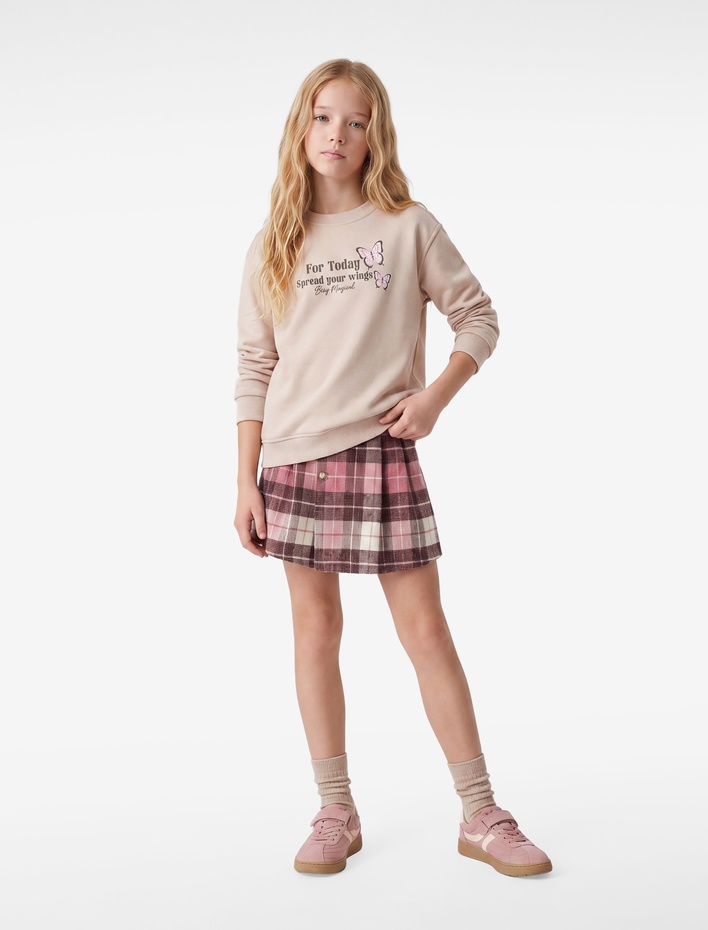 Kız Çocuk Şardonlu Uzun Kollu Bisiklet Yaka Baskılı Sweatshirt