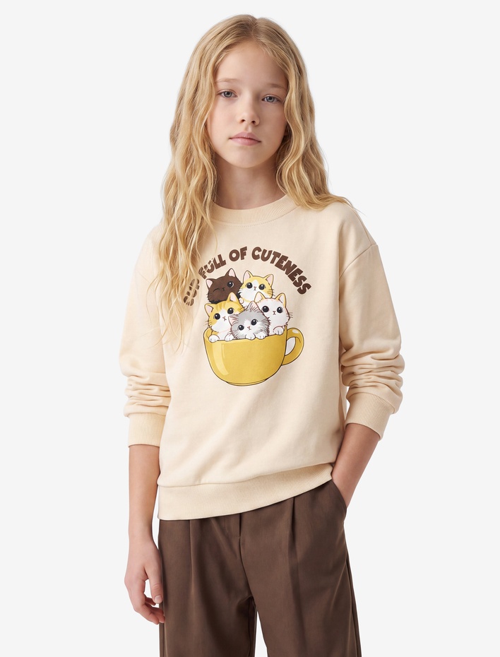 Kız Çocuk Kedi Baskılı Uzun Kollu Bisiklet Yaka Şardonlu Sweatshirt
