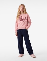 Nakışlı Üç İplik Şardonlu Bisiklet Yaka Uzun Kollu Sweatshirt