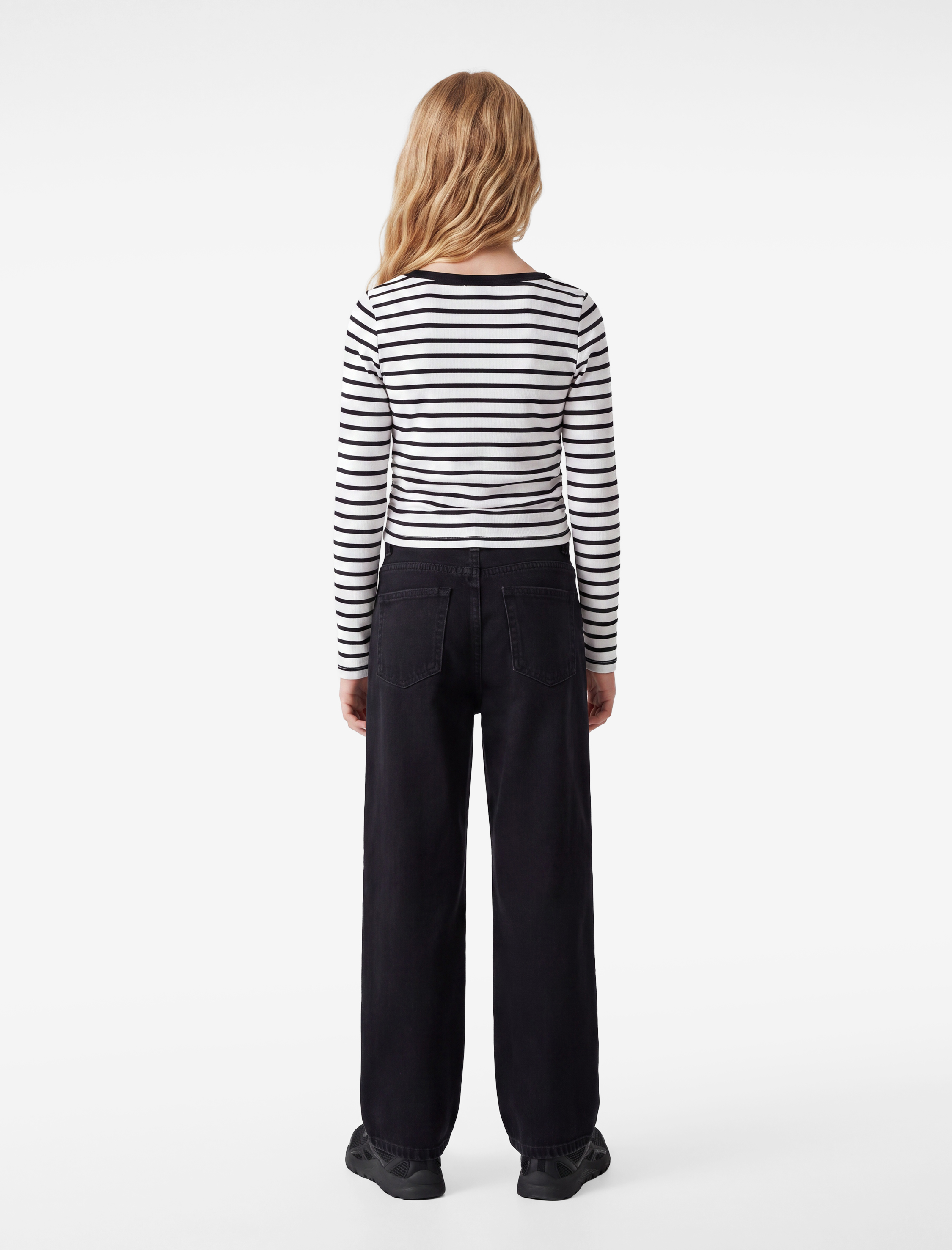  Kız Çocuk Slim Fit Kaşkorse Bisiklet Yaka Uzun Kollu Çizgili Tişört