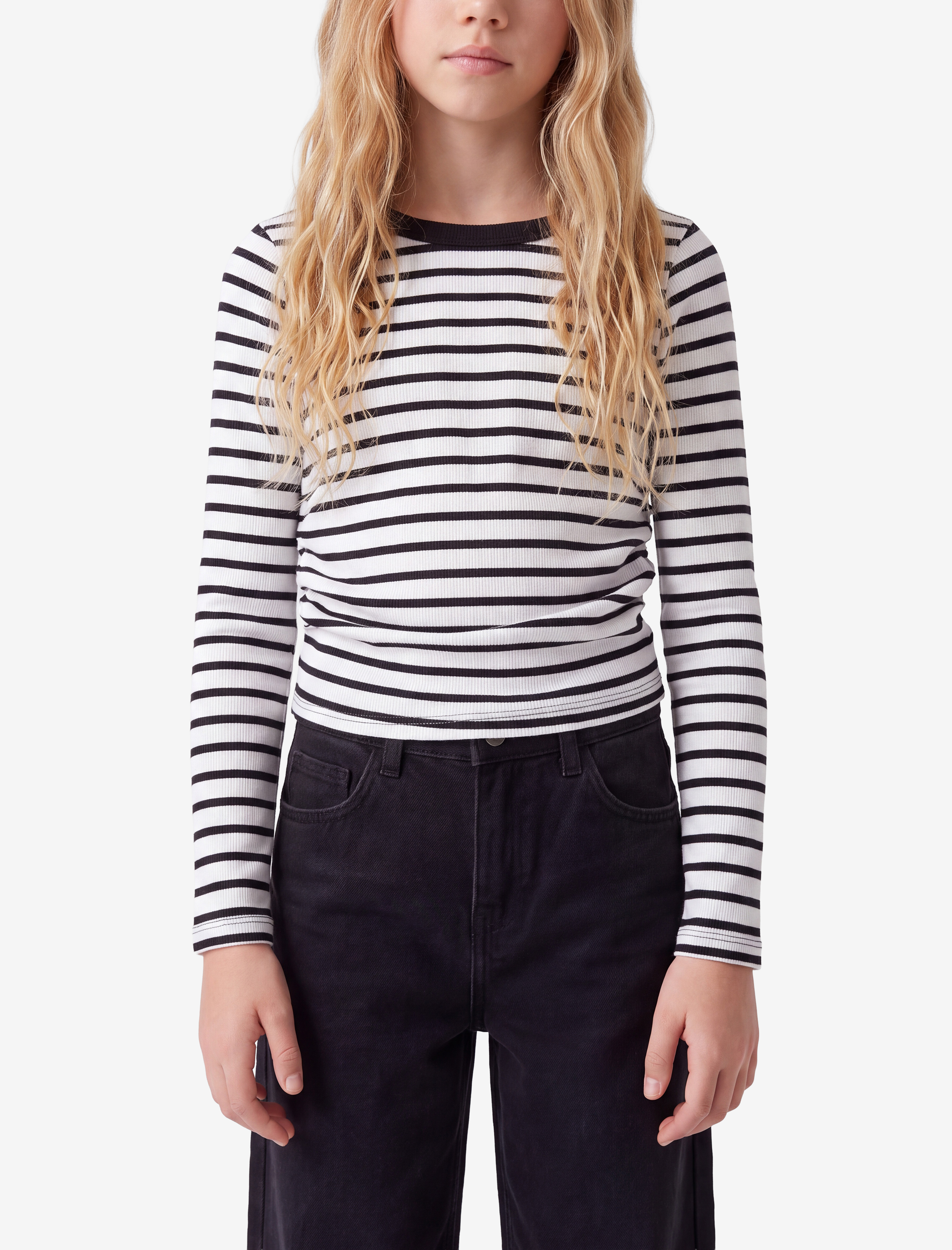  Kız Çocuk Slim Fit Kaşkorse Bisiklet Yaka Uzun Kollu Çizgili Tişört