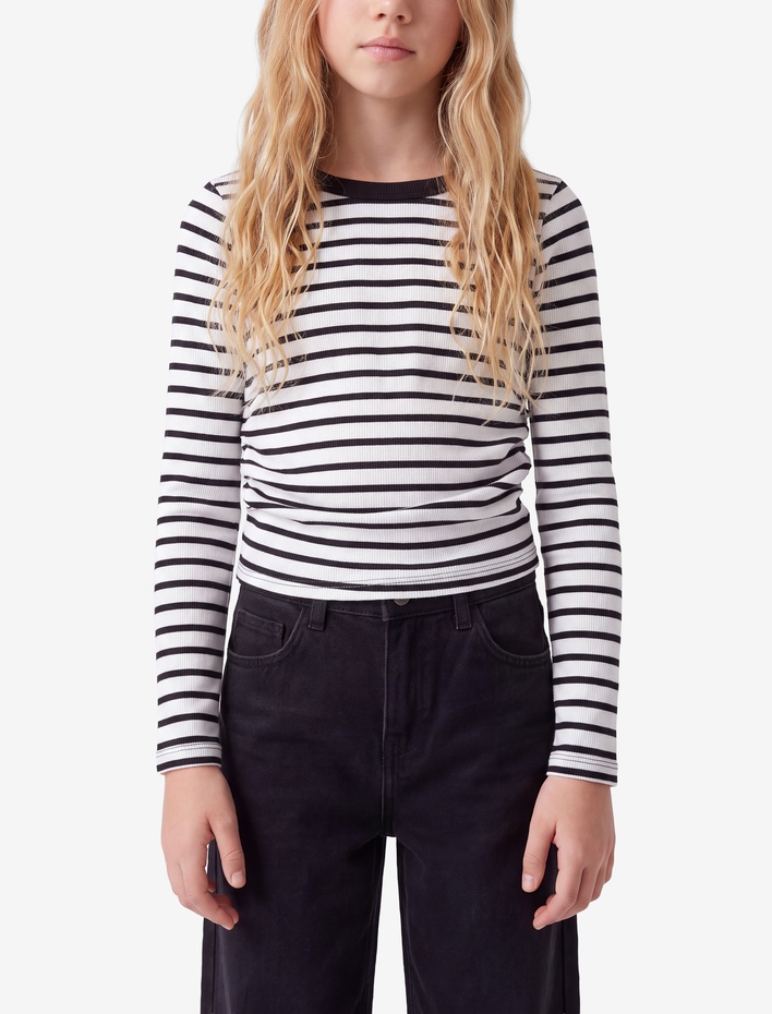 Kız Çocuk Slim Fit Kaşkorse Bisiklet Yaka Uzun Kollu Çizgili Tişört