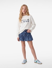 Kedi Baskılı Şardonlu Uzun Kollu Bisiklet Yaka Sweatshirt