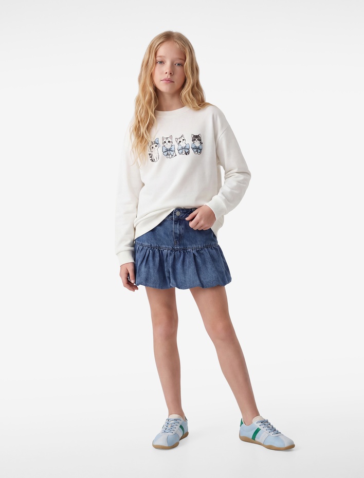 Kız Çocuk Kedi Baskılı Şardonlu Uzun Kollu Bisiklet Yaka Sweatshirt