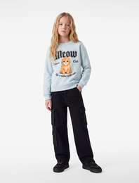 Kedi Baskılı Bisiklet Yaka Uzun Kollu Pamuklu Sweatshirt