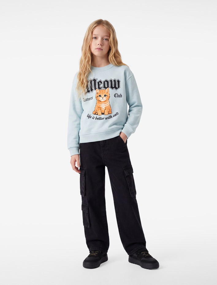 Kız Çocuk Kedi Baskılı Bisiklet Yaka Uzun Kollu Pamuklu Sweatshirt
