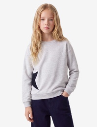 Yıldız Baskılı Arkası Baskılı Uzun Kollu Bisiklet Yaka Sweatshirt