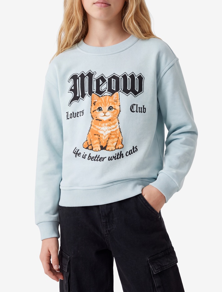 Kız Çocuk Kedi Baskılı Bisiklet Yaka Uzun Kollu Pamuklu Sweatshirt