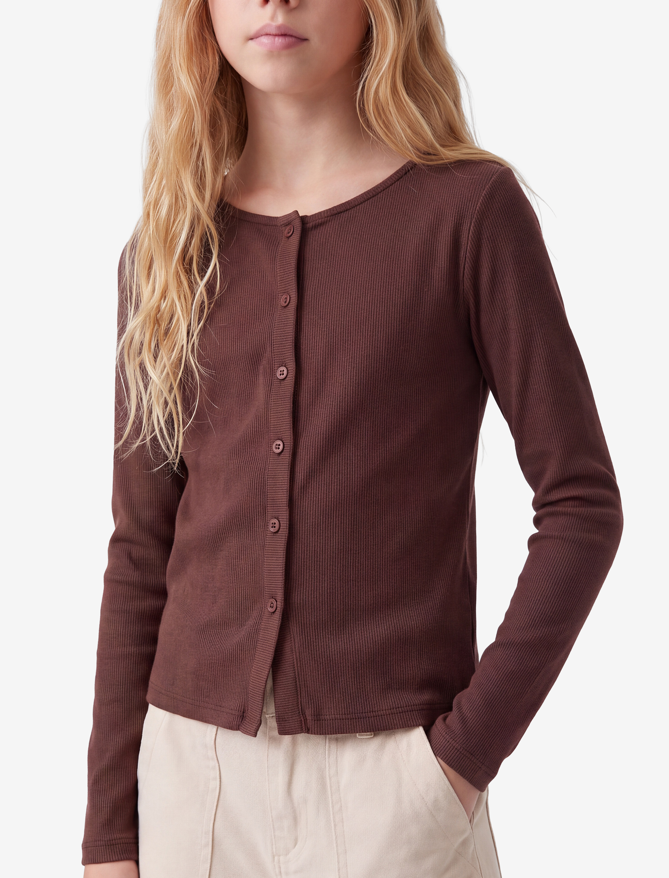  Kız Çocuk Pamuklu Slim Fit Bisiklet Yaka Uzun Kollu Düğmeli Ribanalı Tişört