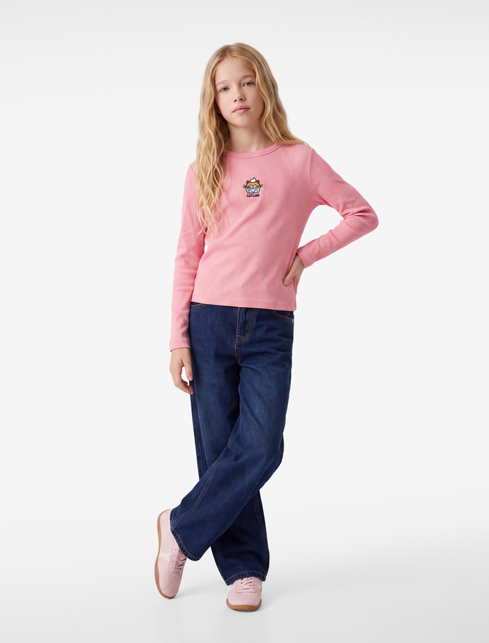 Kız Çocuk Kedi Nakışlı Slim Fit Pamuklu Kaşkorse Bisiklet Yaka Uzun Kollu Tişört