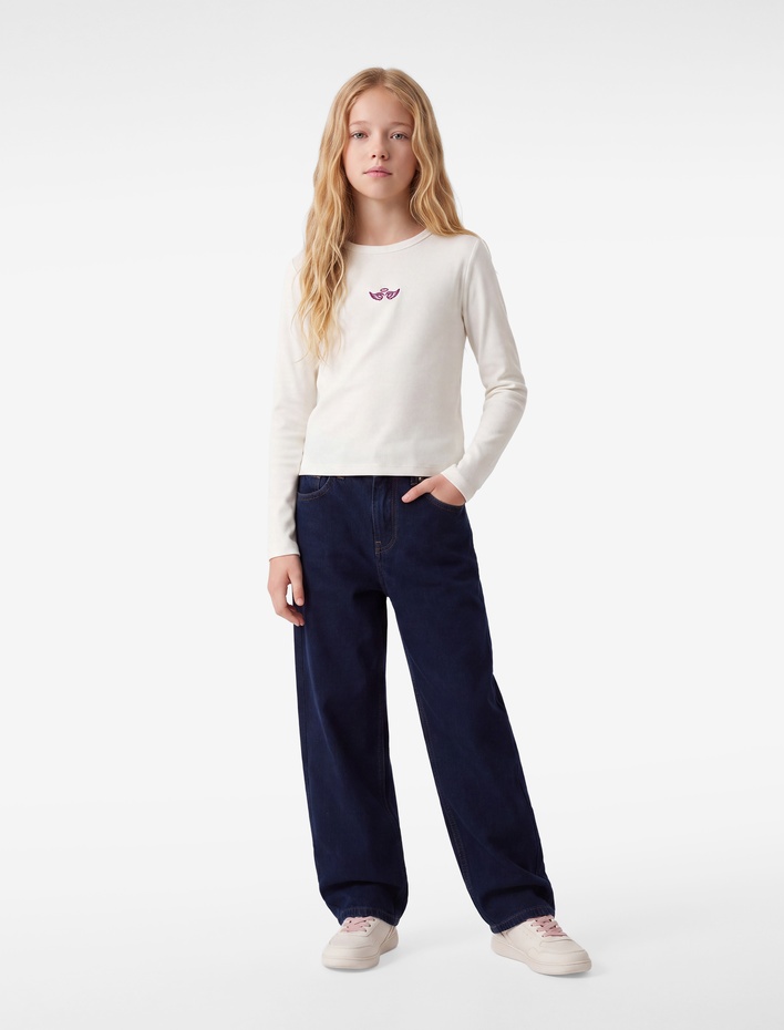 Kız Çocuk Kanat Nakış Detaylı Slim Fit Pamuklu Kaşkorse Bisiklet Yaka Uzun Kollu Tişört