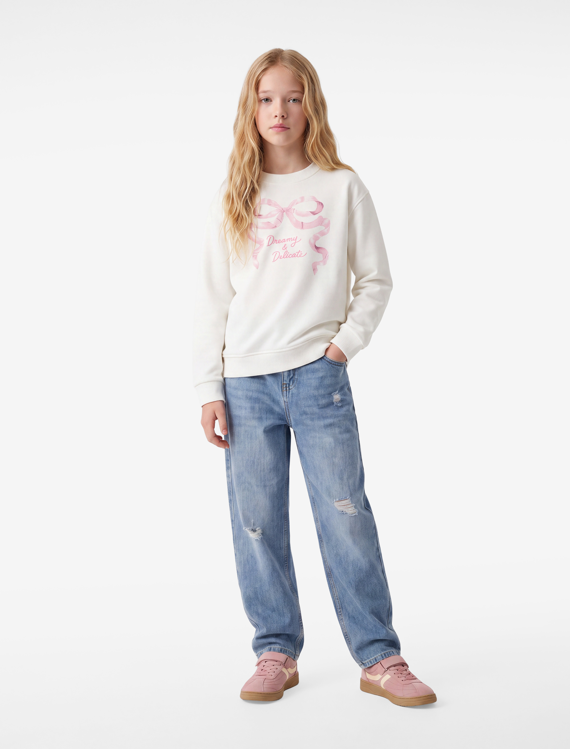  Kız Çocuk Fiyonk Baskılı Bisiklet Yaka Uzun Kollu Sweatshirt