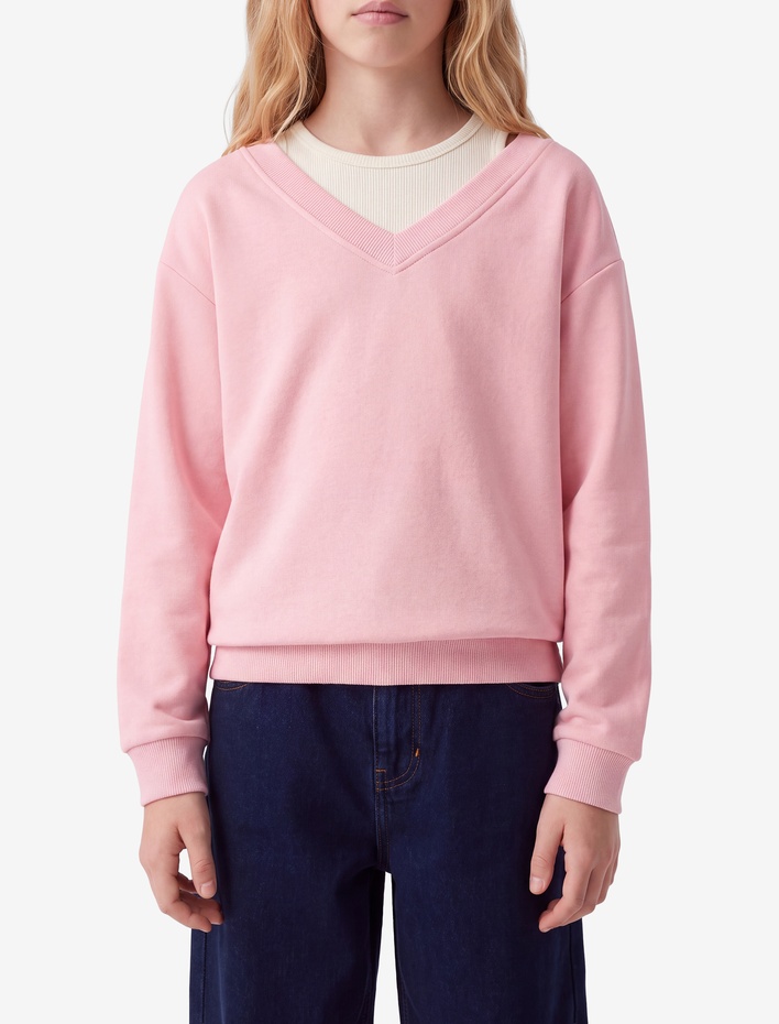 Kız Çocuk Katmanlı V Yaka Uzun Kollu Pamuklu Şardonlu Sweatshirt