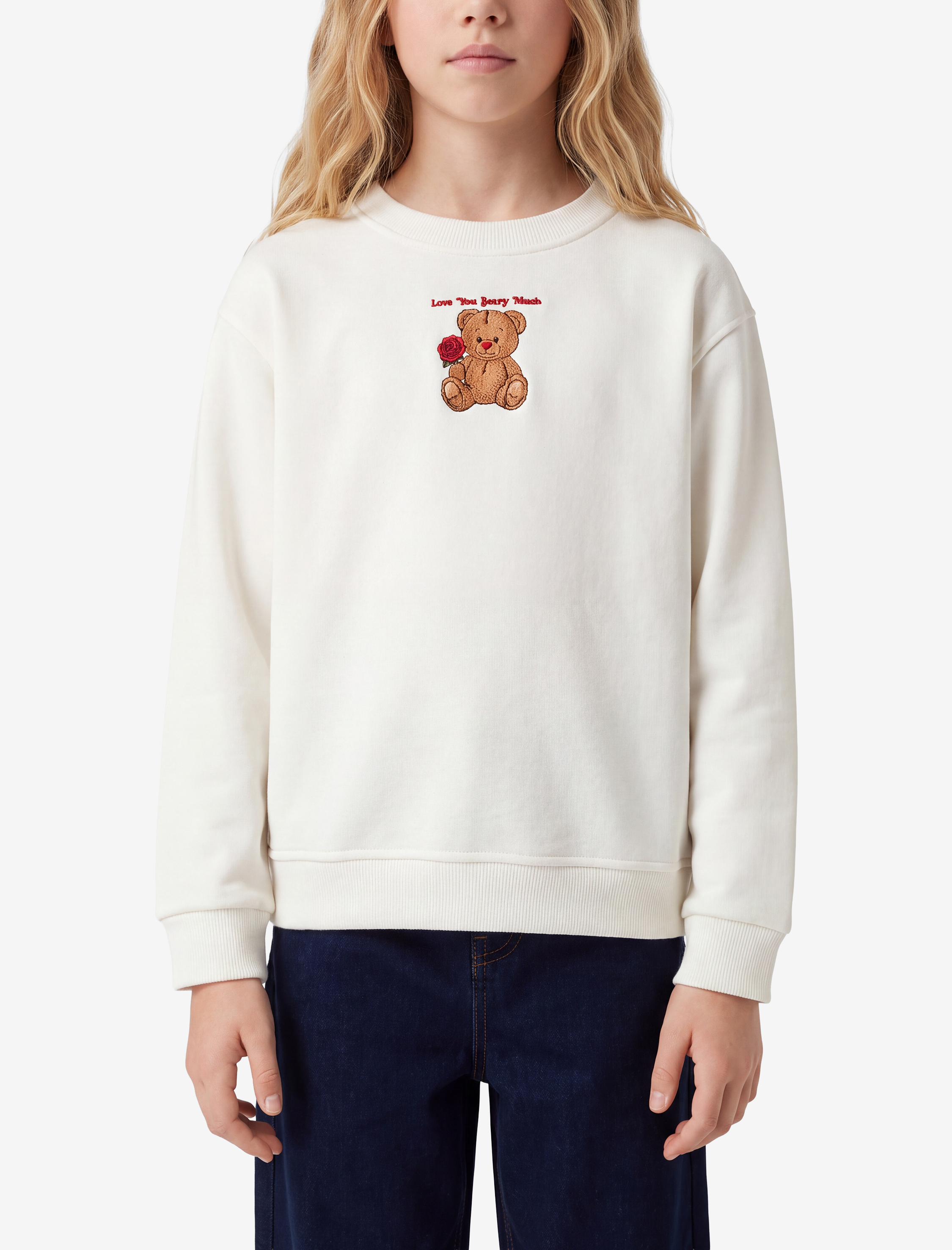  Kız Çocuk Köpek Nakışlı Bisiklet Yaka Uzun Kollu Sweatshirt