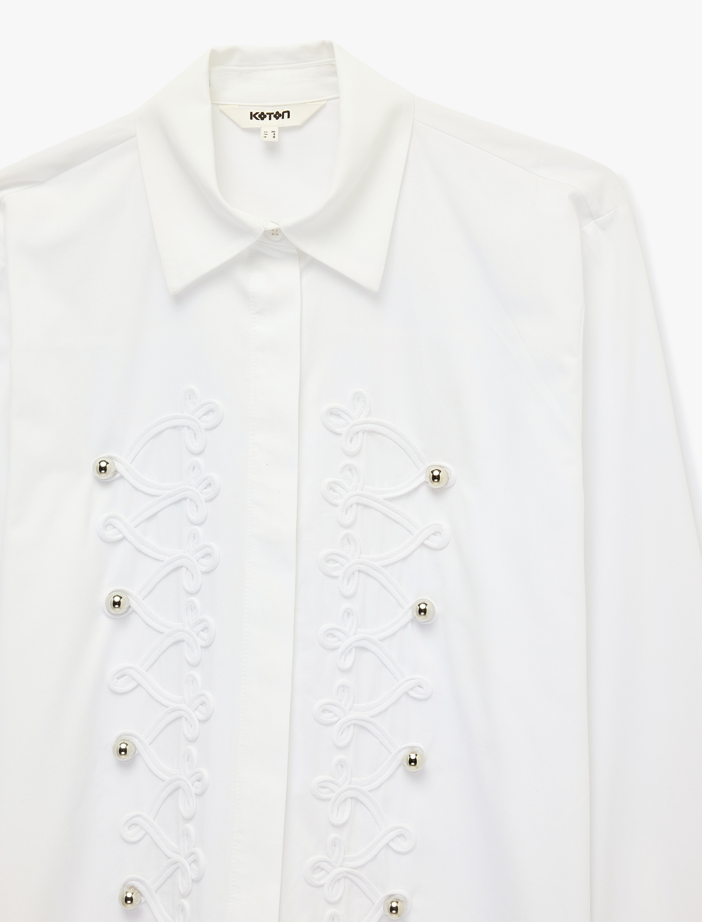   Pamuklu Uzun Kollu Aksesuarlı Süs Düğmeli Oversize Poplin Gömlek