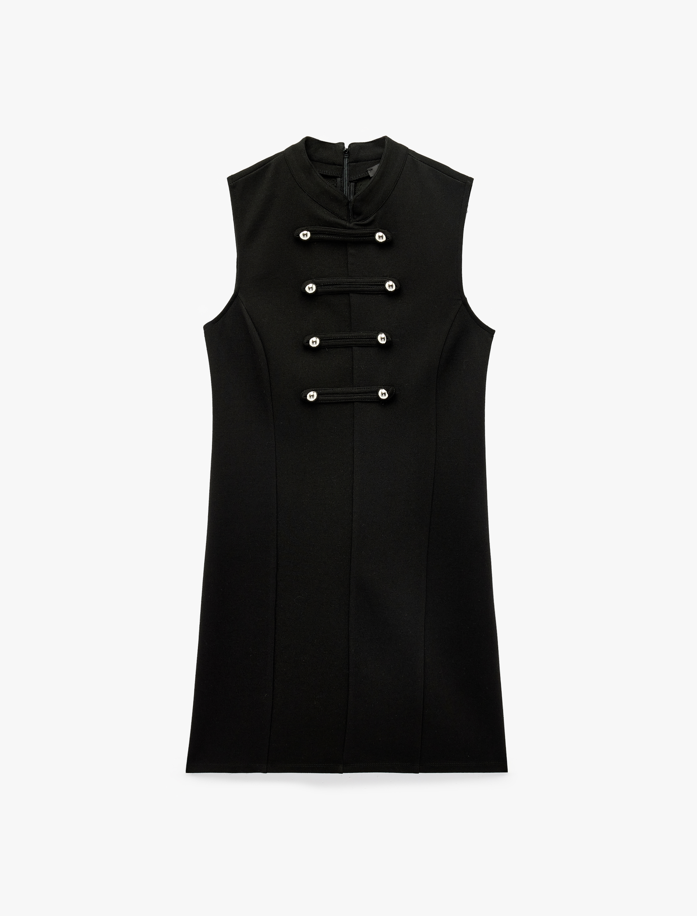   Slim Fit Viskon Kolsuz Dik Yaka Metal Düğme Detaylı Mini Elbise
