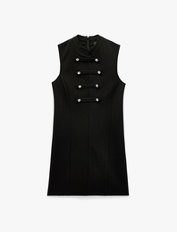Slim Fit Viskon Kolsuz Dik Yaka Metal Düğme Detaylı Mini Elbise