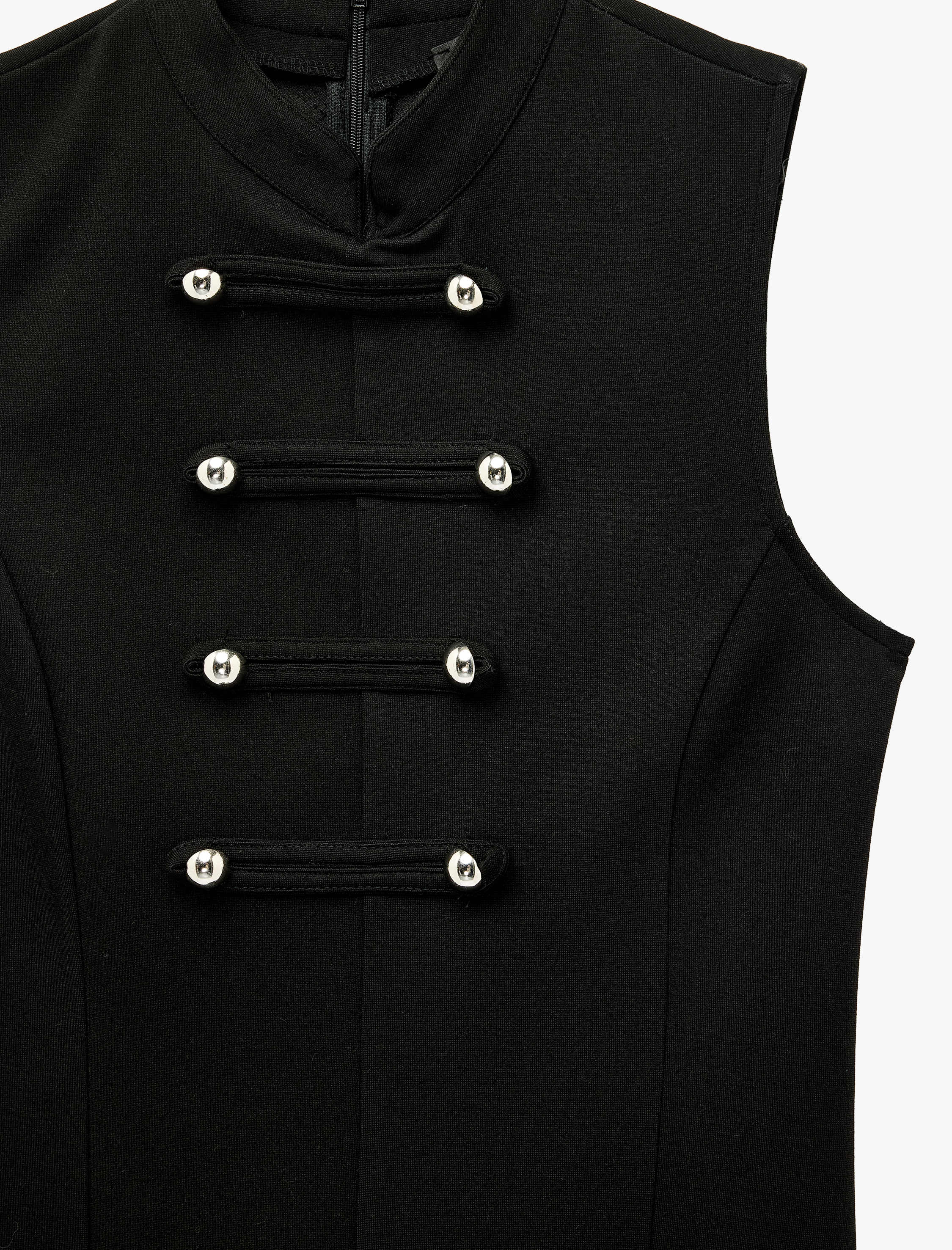   Slim Fit Viskon Kolsuz Dik Yaka Metal Düğme Detaylı Mini Elbise