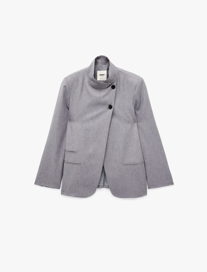  Cepli Regular Fit Uzun Kollu Düğme Detaylı Dik Yaka Kruvaze Blazer Ceket