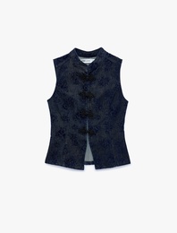 Kolsuz Baskılı Mandarin Qipao Yaka Süslü Düğmeli Denim Yelek