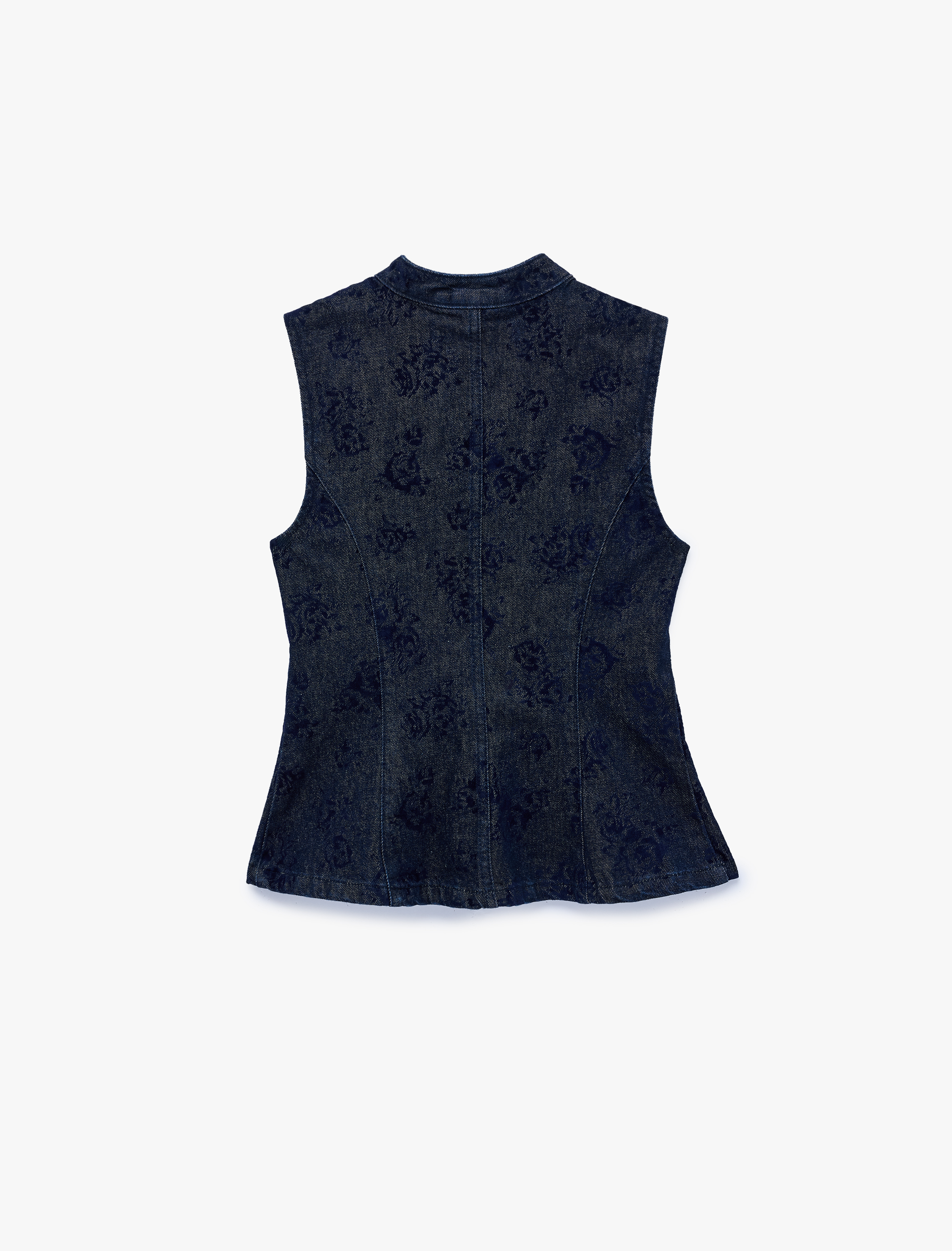   Kolsuz Baskılı Mandarin Qipao Yaka Süslü Düğmeli Denim Yelek