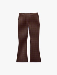 Slim Fit Düğmeli Normal Bel Cep Detaylı İspanyol Paça Ekoseli Pantolon