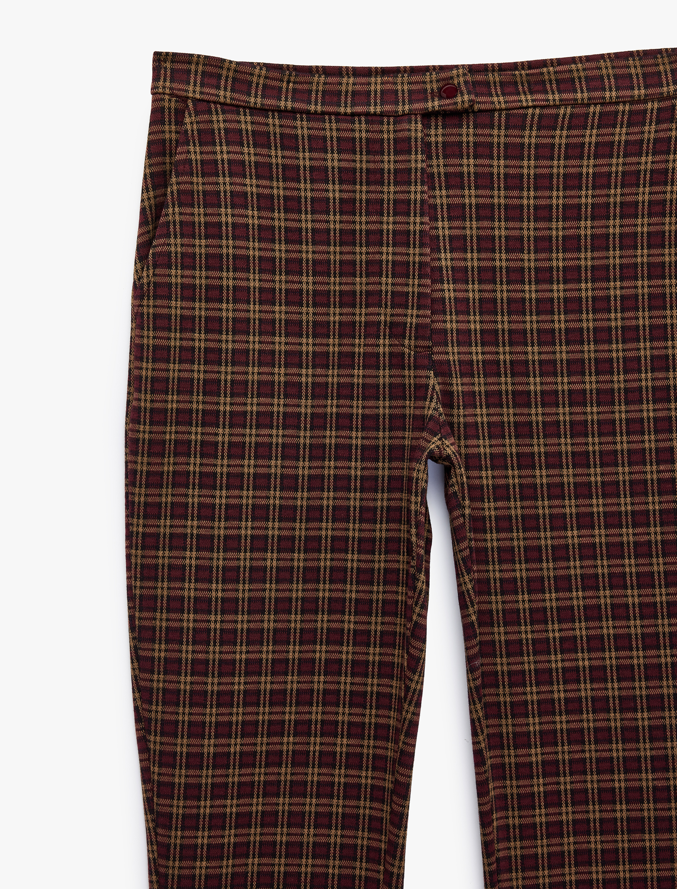   Slim Fit Düğmeli Normal Bel Cep Detaylı İspanyol Paça Ekoseli Pantolon