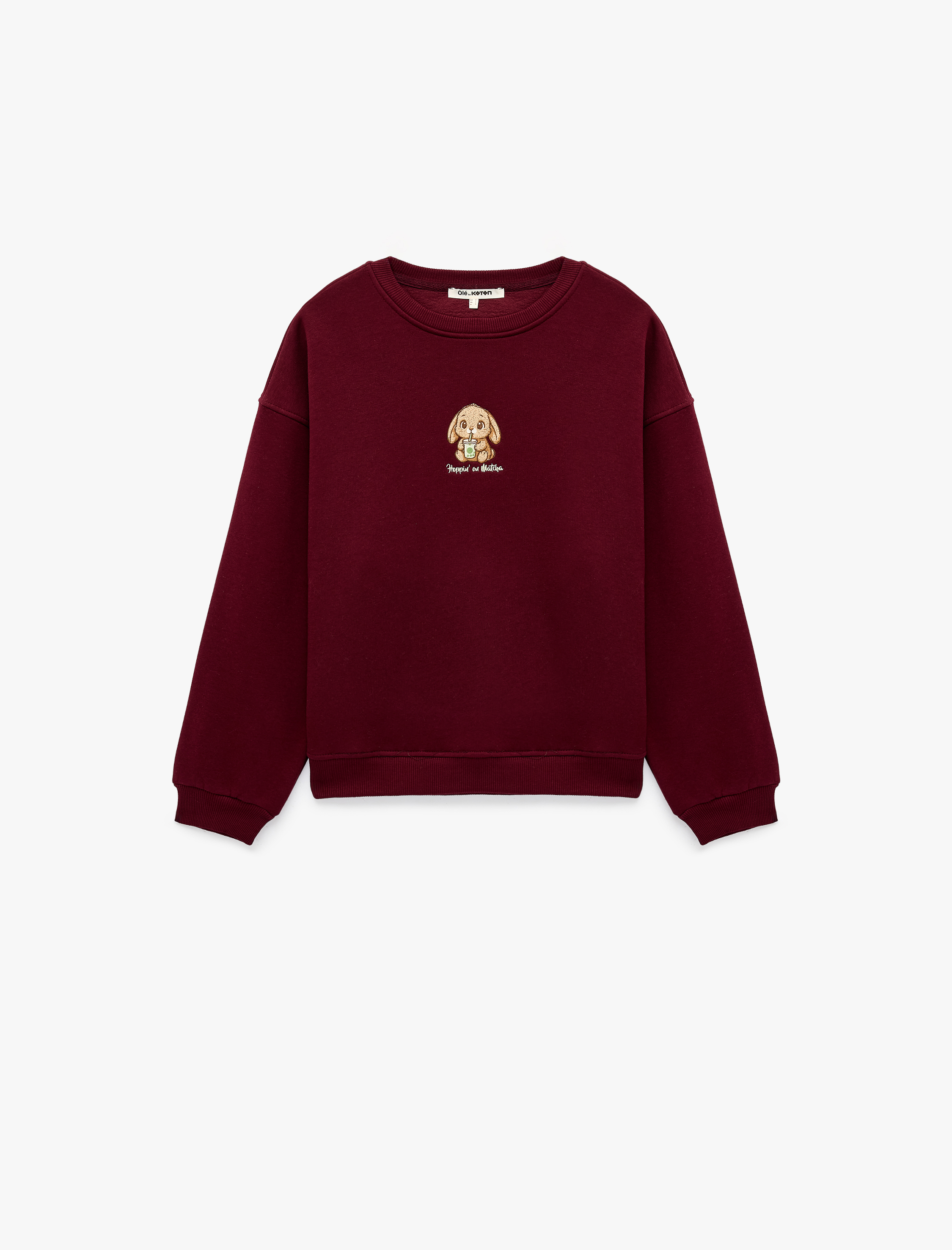   Şardonlu Tavşan Nakışlı Bisiklet Yaka Uzun Kollu Oversize Sweatshirt