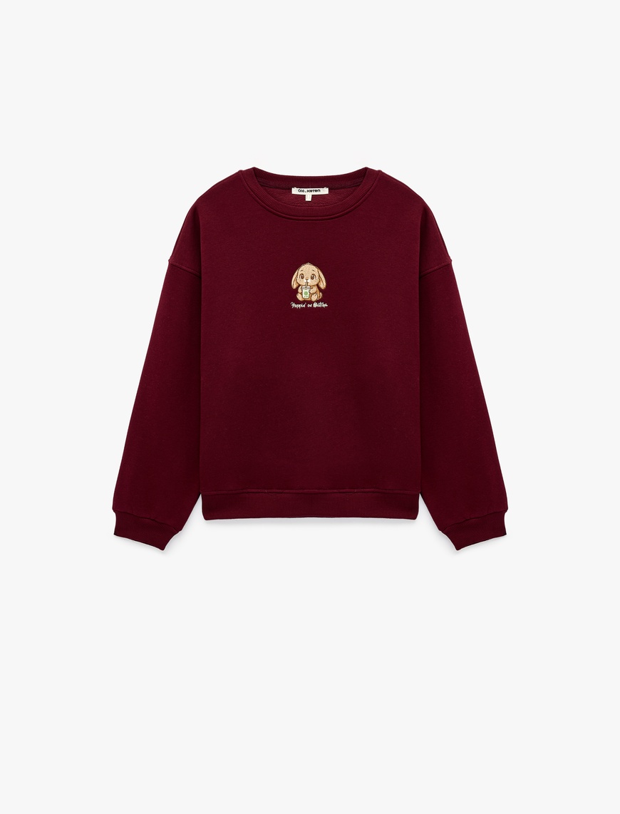 Bordo Şardonlu Tavşan Nakışlı Bisiklet Yaka Uzun Kollu Oversize
