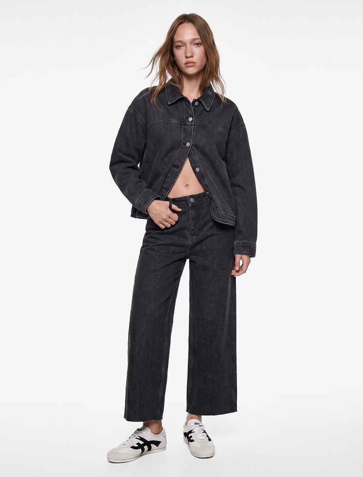  Yüksek Bel Rahat Kalıp Pamuklu Denim Pantolon - Culotte Jeans
