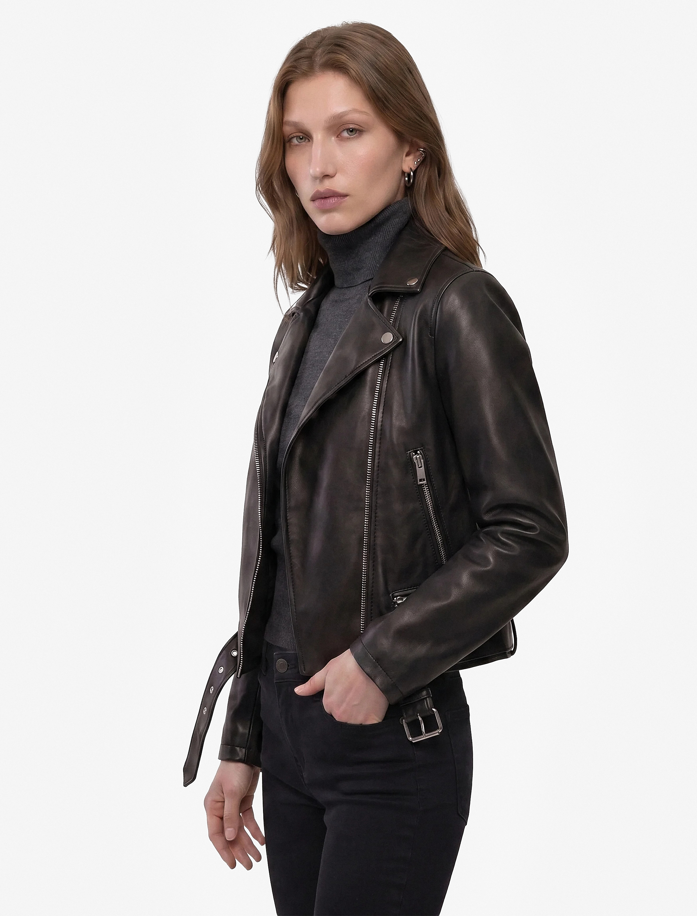   Uzun Kollu Fermuarlı Suni Deri Crop Biker Ceket