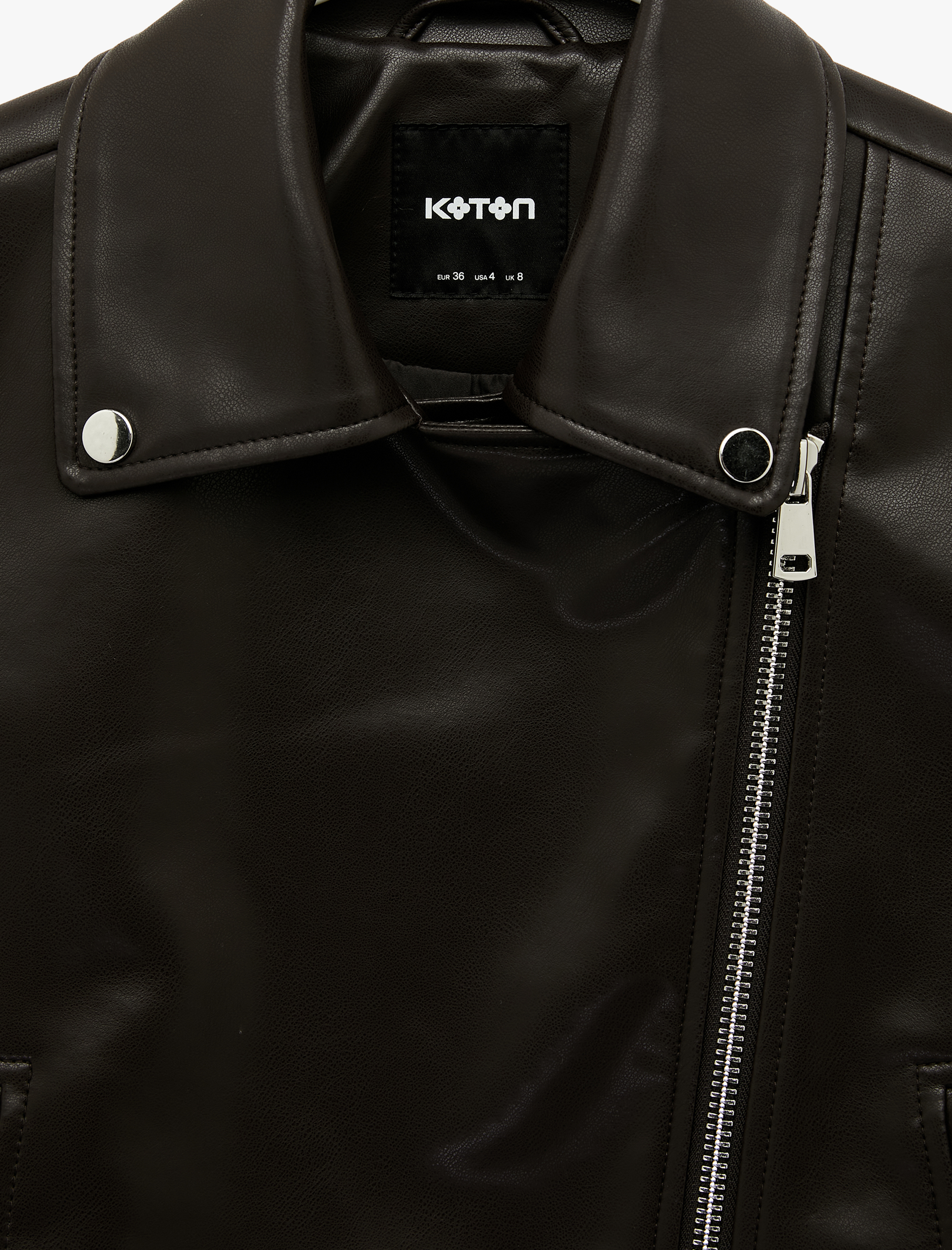   Uzun Kollu Fermuarlı Suni Deri Crop Biker Ceket