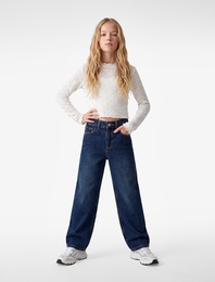 Pamuklu Cepli Geniş Paça Denim Pantolon