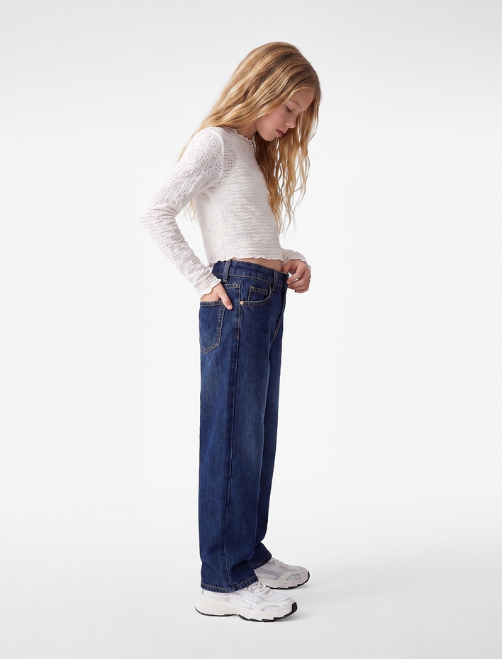 Kız Çocuk Pamuklu Cepli Geniş Paça Denim Pantolon
